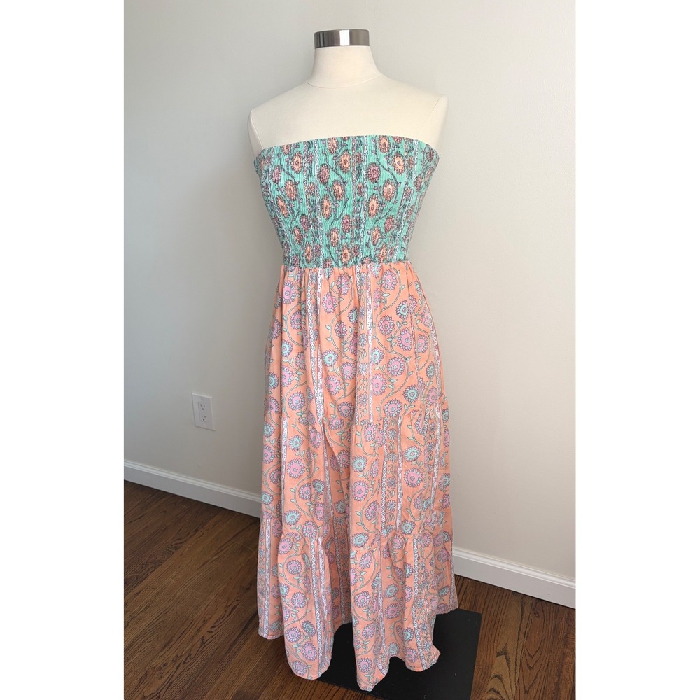 Victoria Dunn Strapless Smocked Floral Maxi Dress Cotton Boho Peach Beach S